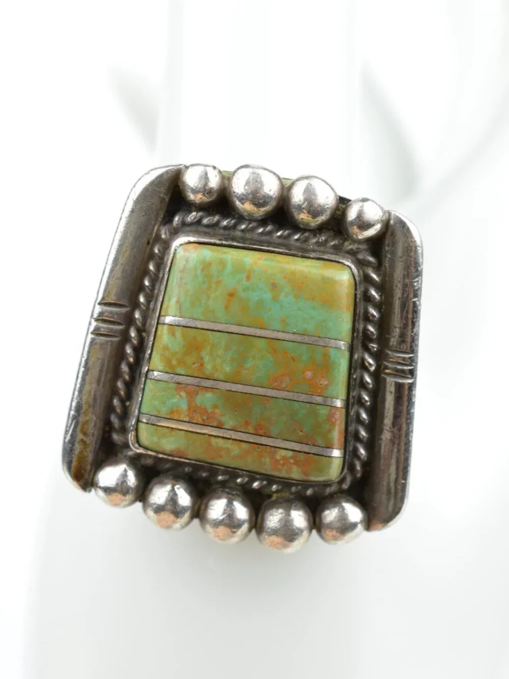 Vintage Navajo Sterling Silver Gaspeite Channel Inlay Ring Sz 14.25 Heavy 19.5g